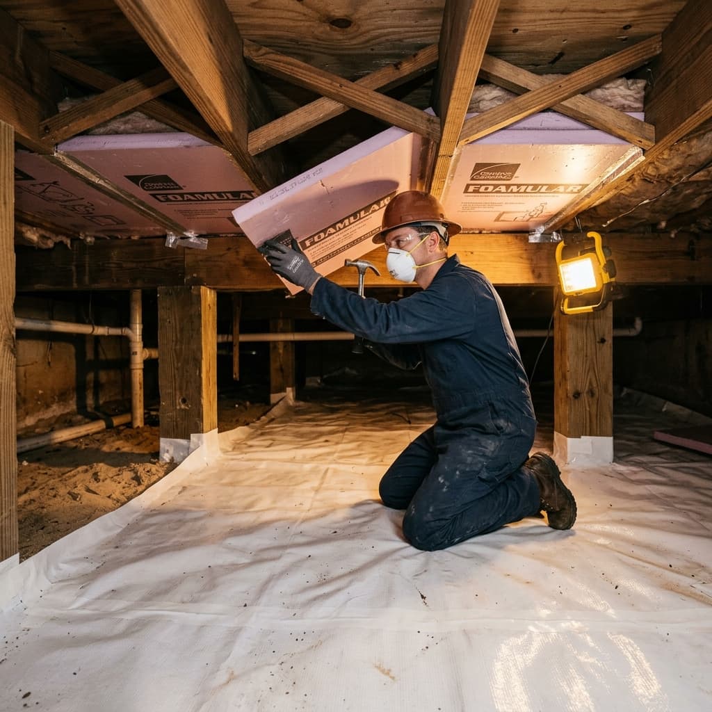 Crawl space insulation and vapor barrier installation in a Florida home