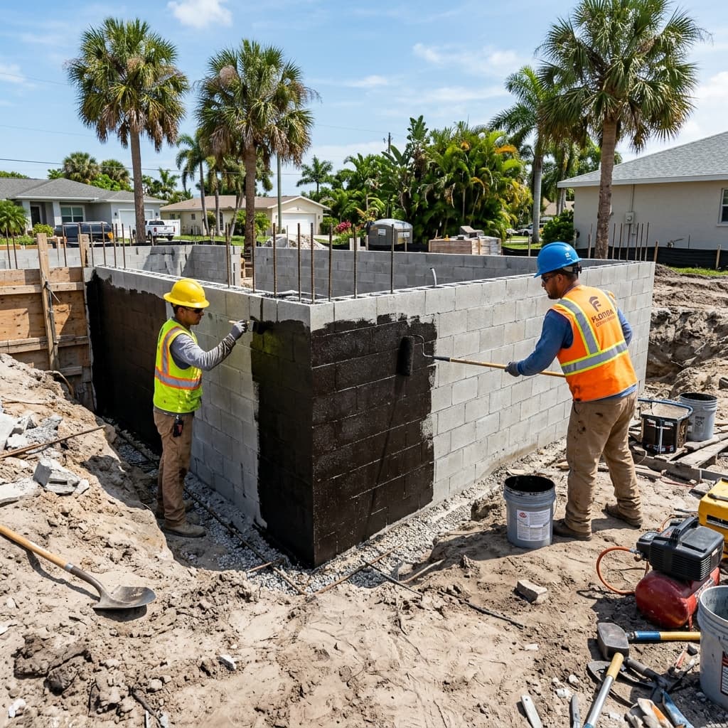 Foundation waterproofing in progress on a Florida concrete block home