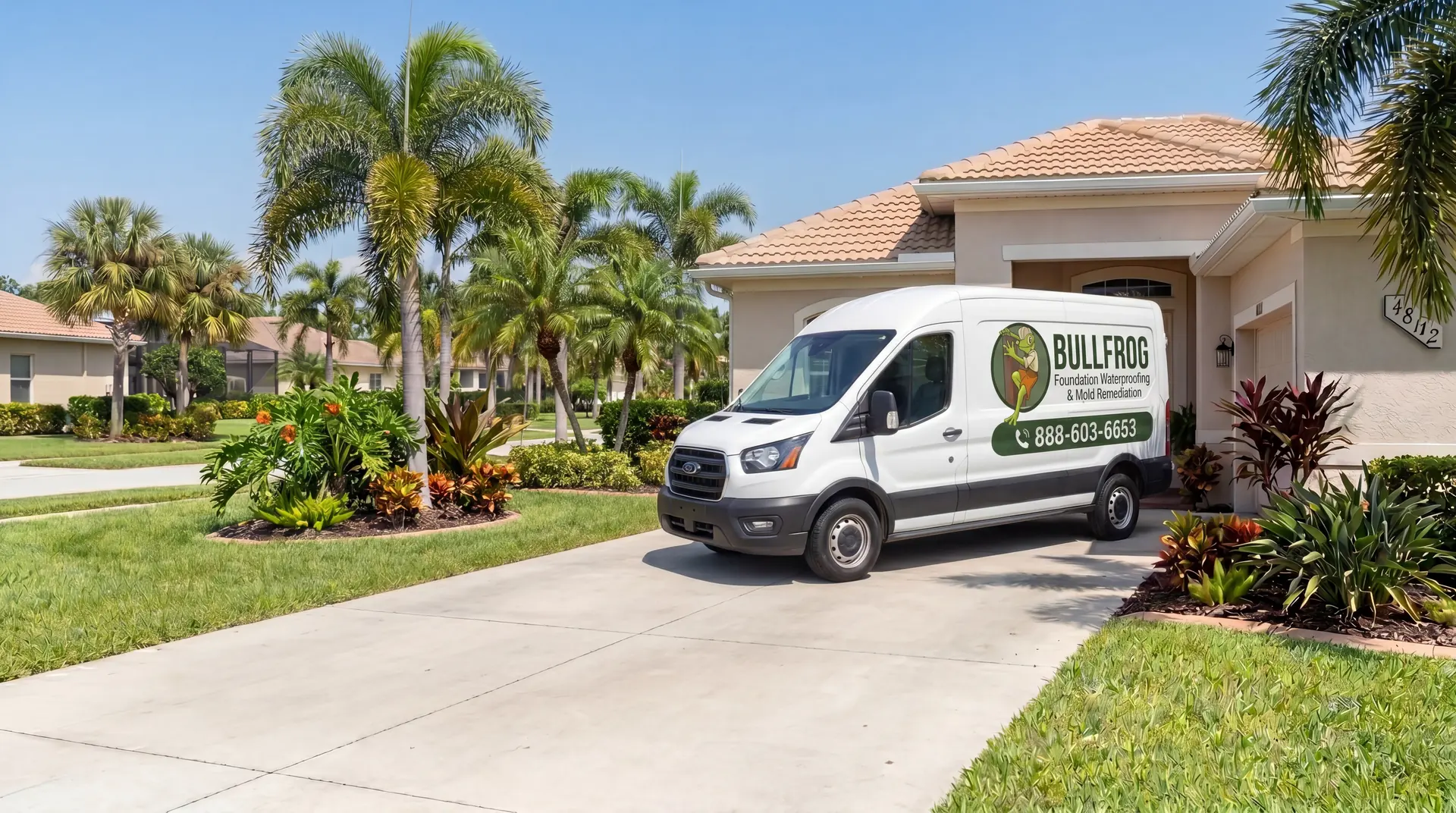 Bullfrog Waterproofing branded company van with logo banner