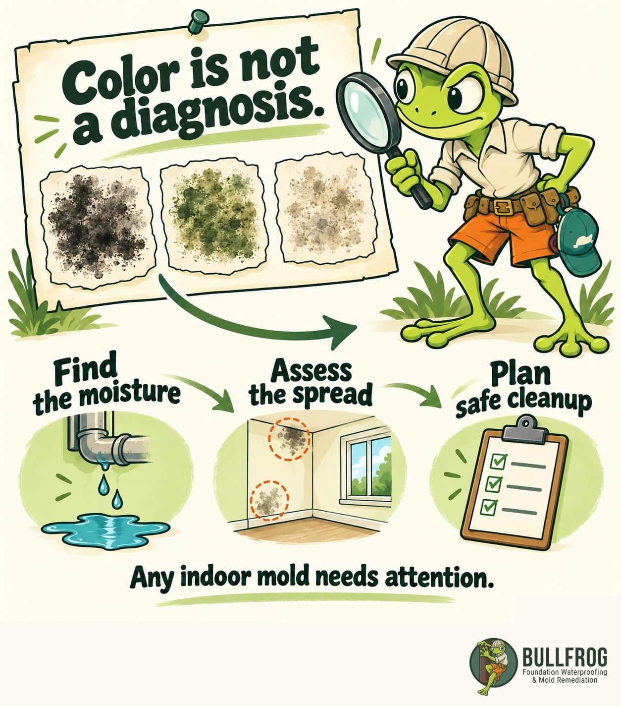 The frog studies a chart of different mold colors. Color is not a diagnosis. Arrows lead to finding the moisture, assessing the spread and planning safe cleanup. Any indoor mold needs attention.