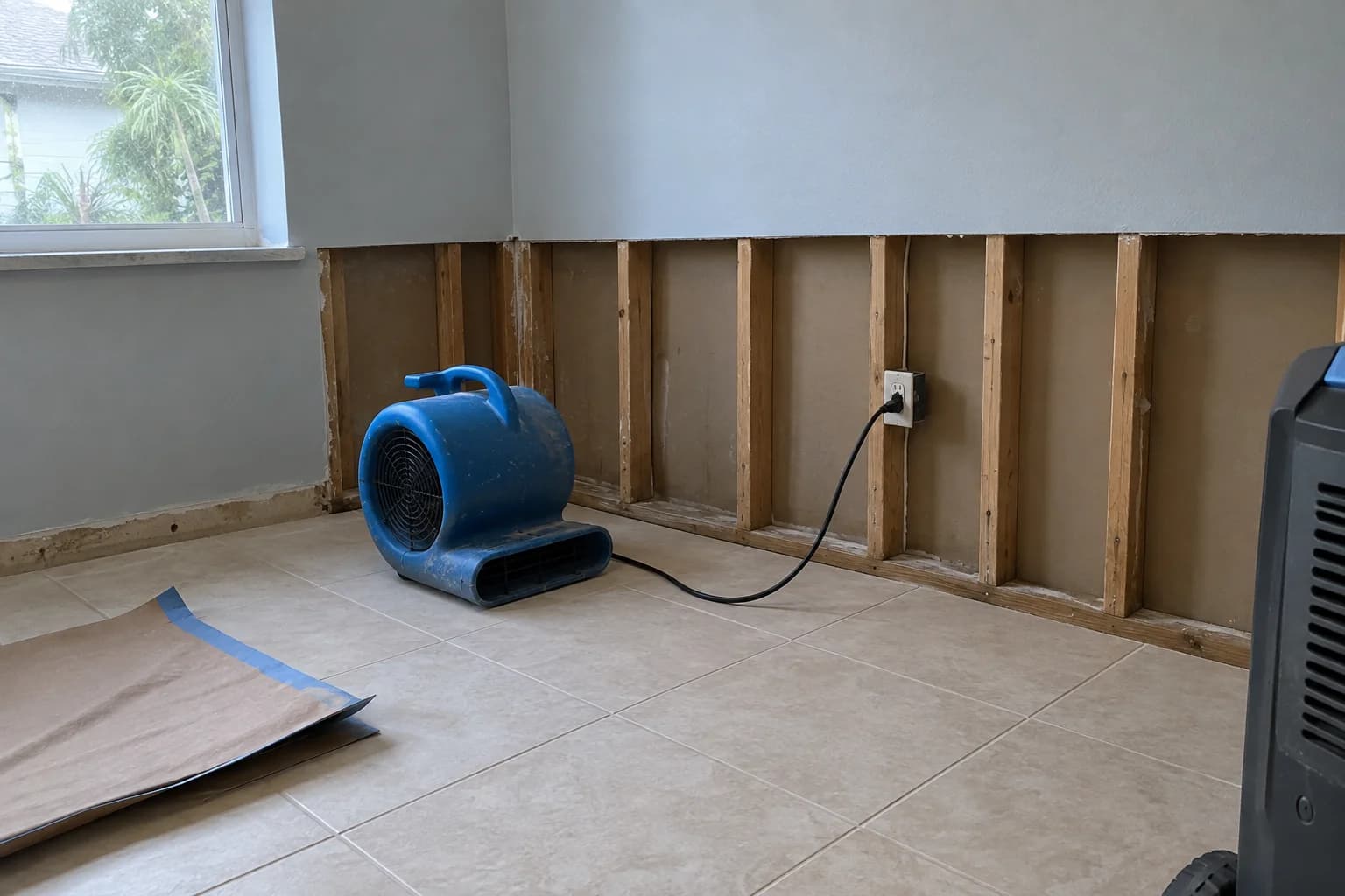Single air mover drying an exposed lower wall beside protective floor paper