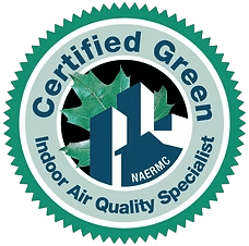 Certified Green Indoor Air Quality Specialist NAERMC badge with a green leaf and city buildings Certified Green Indoor Air Quality Specialist NAERMC badge with a green leaf and city buildings