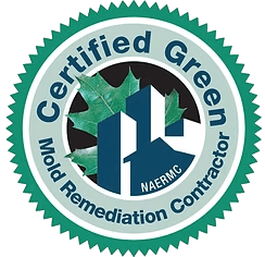 Certified Green Mold Remediation Contractor NAERMC badge with a green leaf and city buildings Certified Green Mold Remediation Contractor NAERMC badge with a green leaf and city buildings