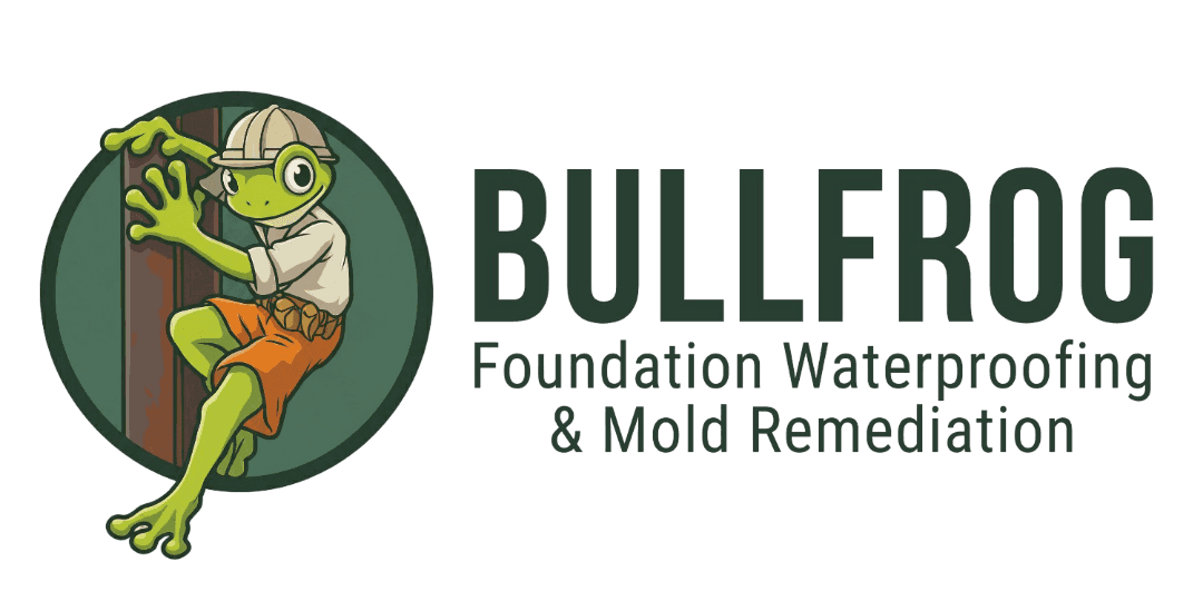 Bullfrog Foundation Waterproofing and Mold Remediation official company logo featuring a climbing green frog in a safari outfit Bullfrog Foundation Waterproofing and Mold Remediation official company logo featuring a climbing green frog in a safari outfit