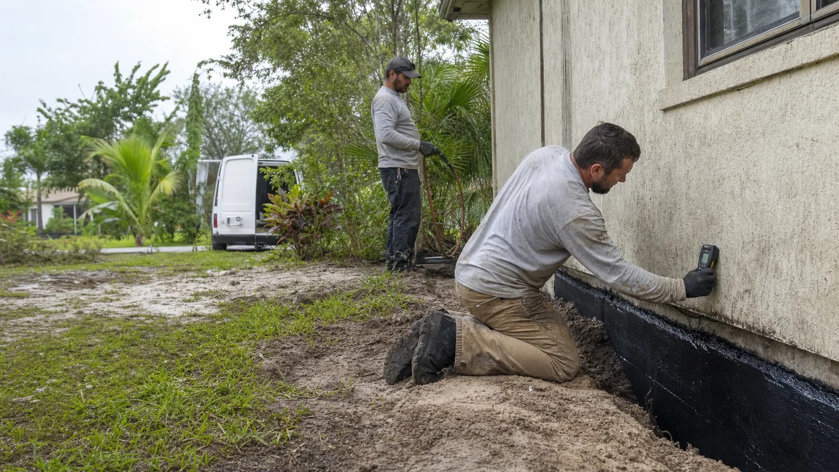 Waterproofing technicians treating water intrusion along the foundation of a Florida home Waterproofing technicians treating water intrusion along the foundation of a Florida home