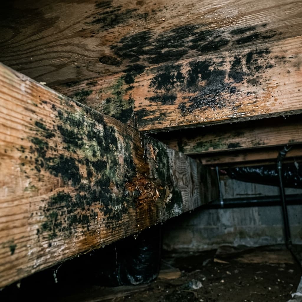 Crawl space mold on floor joists in Florida home before remediation Crawl space mold on floor joists in Florida home before remediation