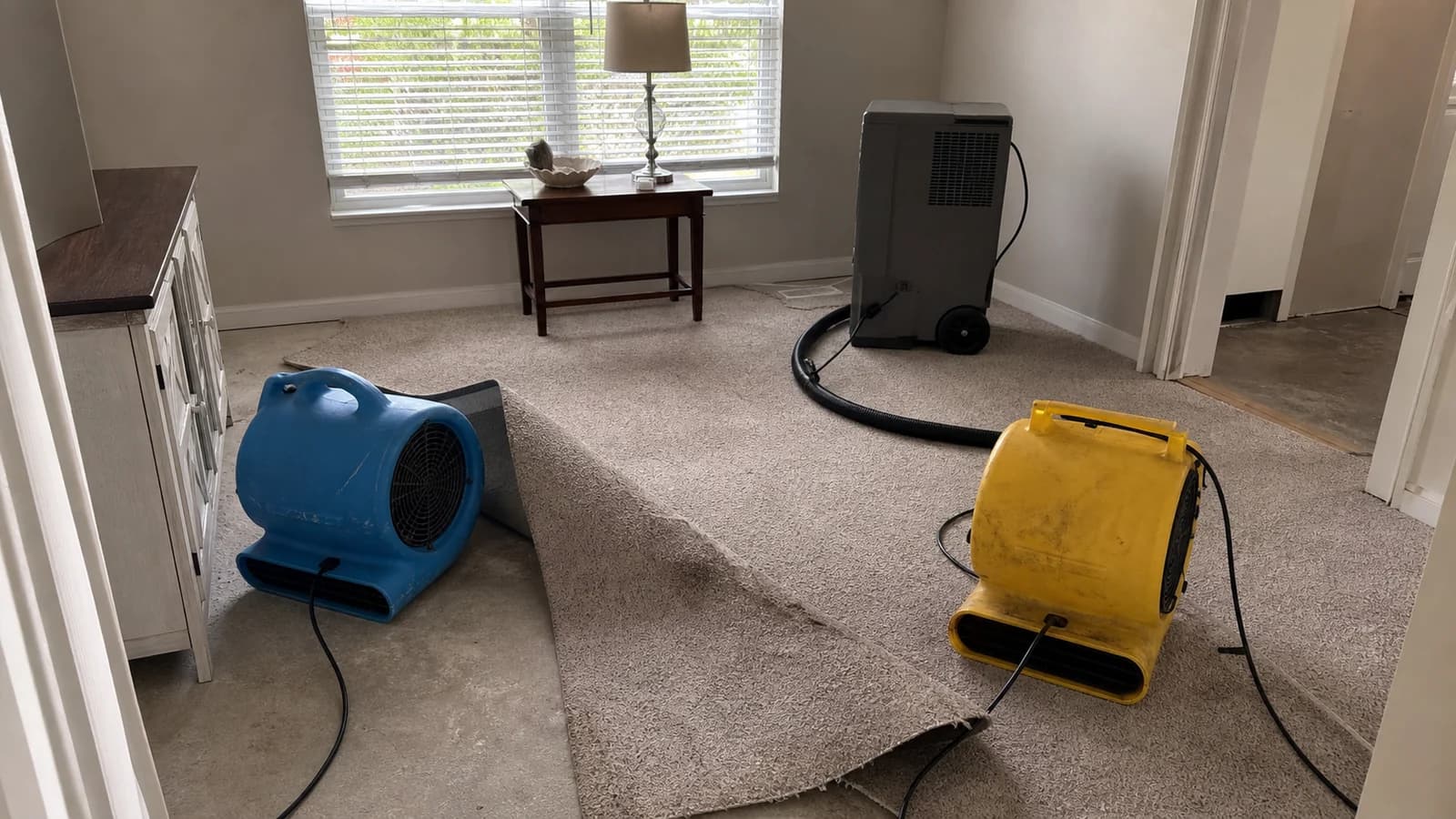 Commercial air movers and a dehumidifier drying lifted carpet in a Florida home after flooding Commercial air movers and a dehumidifier drying lifted carpet in a Florida home after flooding