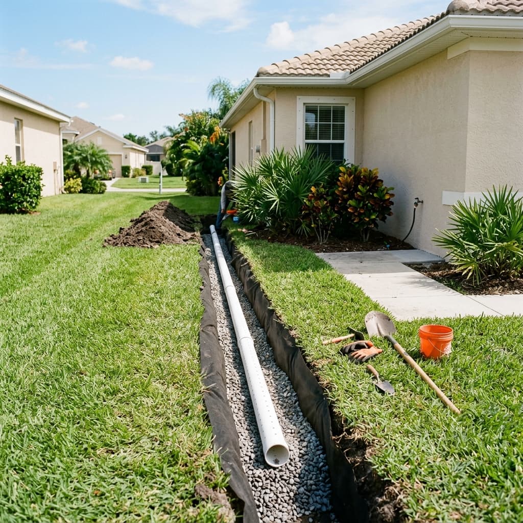 Perforated drainage pipe laid in a gravel-filled trench alongside a Florida home foundation Perforated drainage pipe laid in a gravel-filled trench alongside a Florida home foundation
