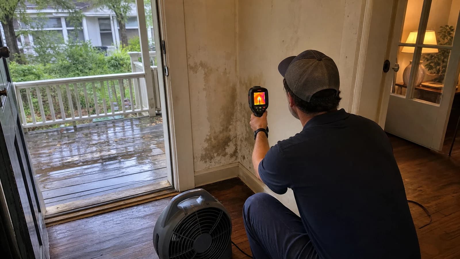 Technician using a thermal camera to inspect a rain-damaged wall in a Tampa home after a hurricane Technician using a thermal camera to inspect a rain-damaged wall in a Tampa home after a hurricane