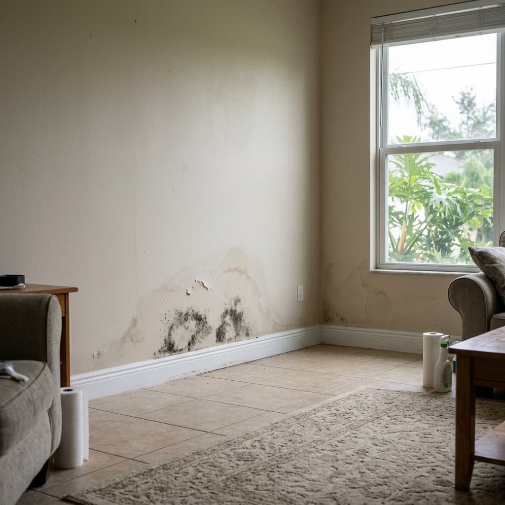 Water staining and early mold growth on drywall inside a Florida home after storm flooding Water staining and early mold growth on drywall inside a Florida home after storm flooding