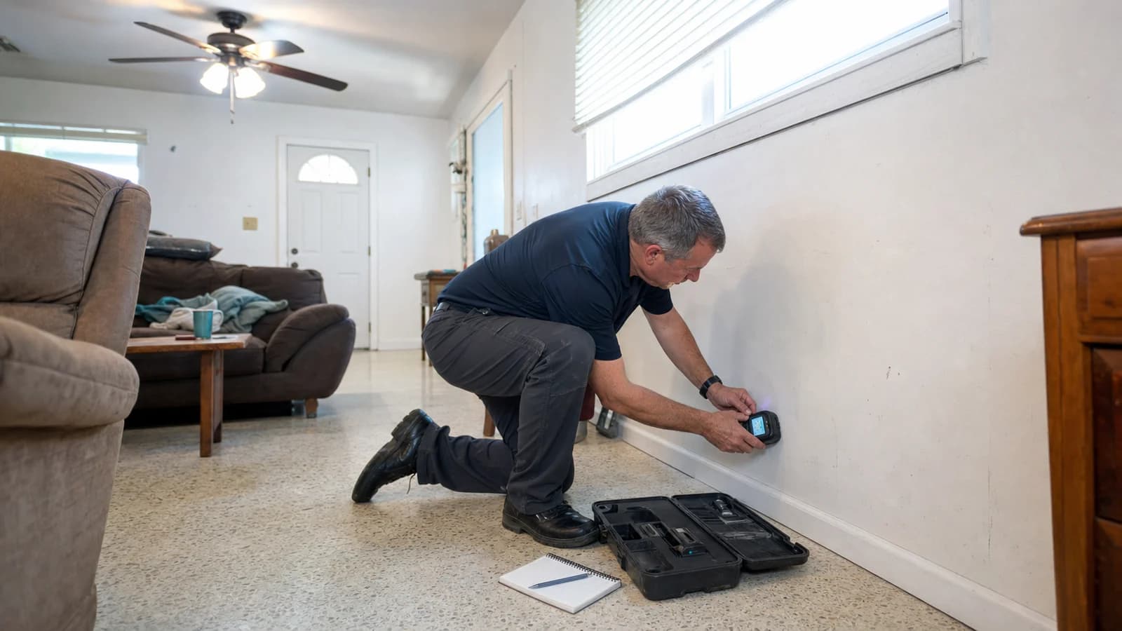 Mold inspector checking a lower wall with a moisture meter in an occupied Florida home Mold inspector checking a lower wall with a moisture meter in an occupied Florida home
