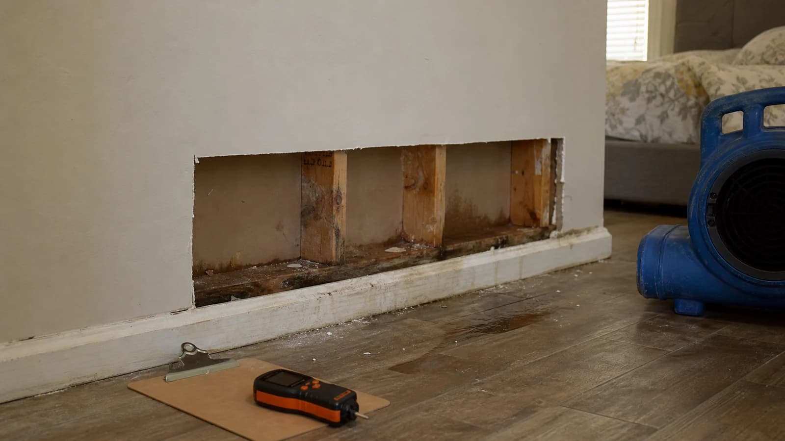 Opened lower wall and moisture meter documenting water and mold damage in a Florida home Opened lower wall and moisture meter documenting water and mold damage in a Florida home