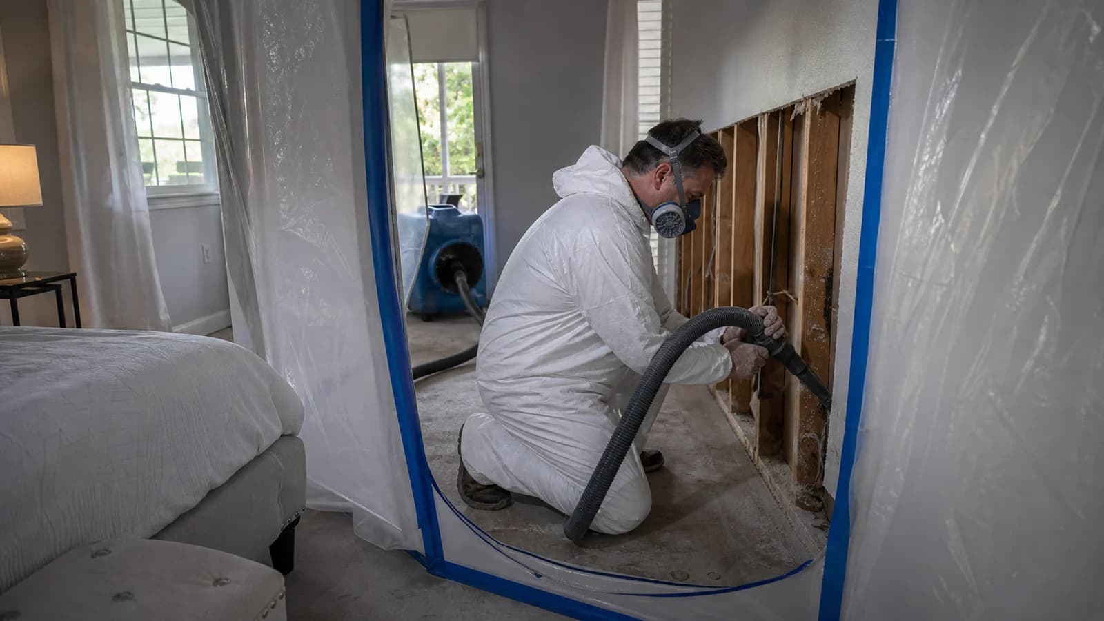 Protected technician HEPA vacuuming exposed wall framing inside a contained Sarasota bedroom Protected technician HEPA vacuuming exposed wall framing inside a contained Sarasota bedroom