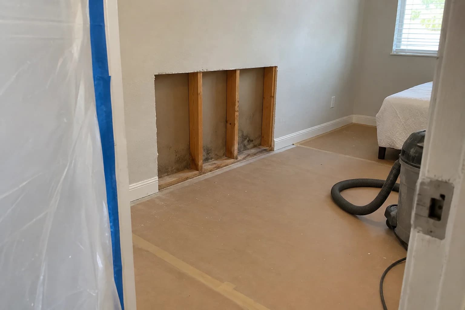Lower drywall removed to expose stained wall framing beside containment sheeting and a vacuum hose