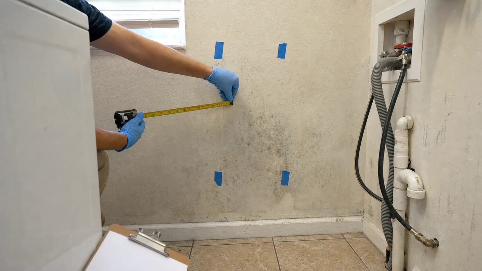 Technician measuring and marking the affected mold area on a Florida laundry room wall Technician measuring and marking the affected mold area on a Florida laundry room wall