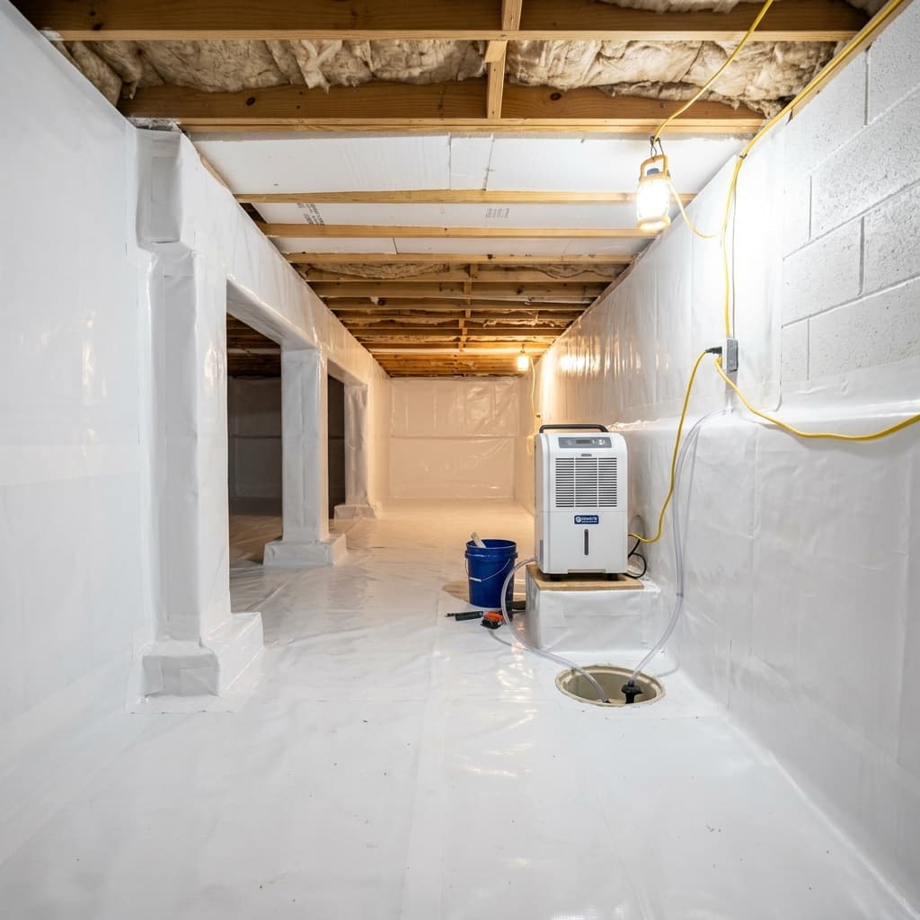 Fully encapsulated Florida crawl space with white vapor barrier covering the floor, walls and support piers Fully encapsulated Florida crawl space with white vapor barrier covering the floor, walls and support piers