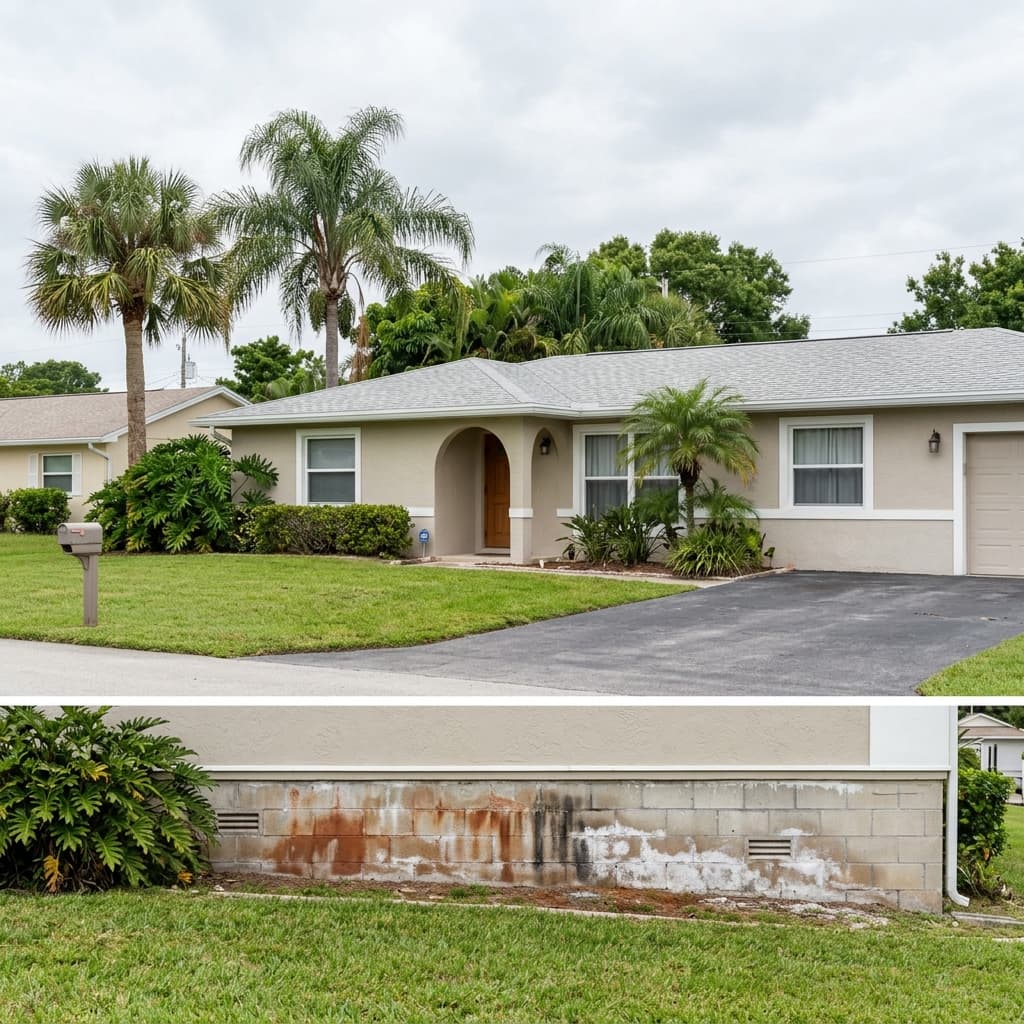Before-and-after view of a Florida home's exterior and a foundation wall showing rust and mineral staining from water intrusion Before-and-after view of a Florida home's exterior and a foundation wall showing rust and mineral staining from water intrusion
