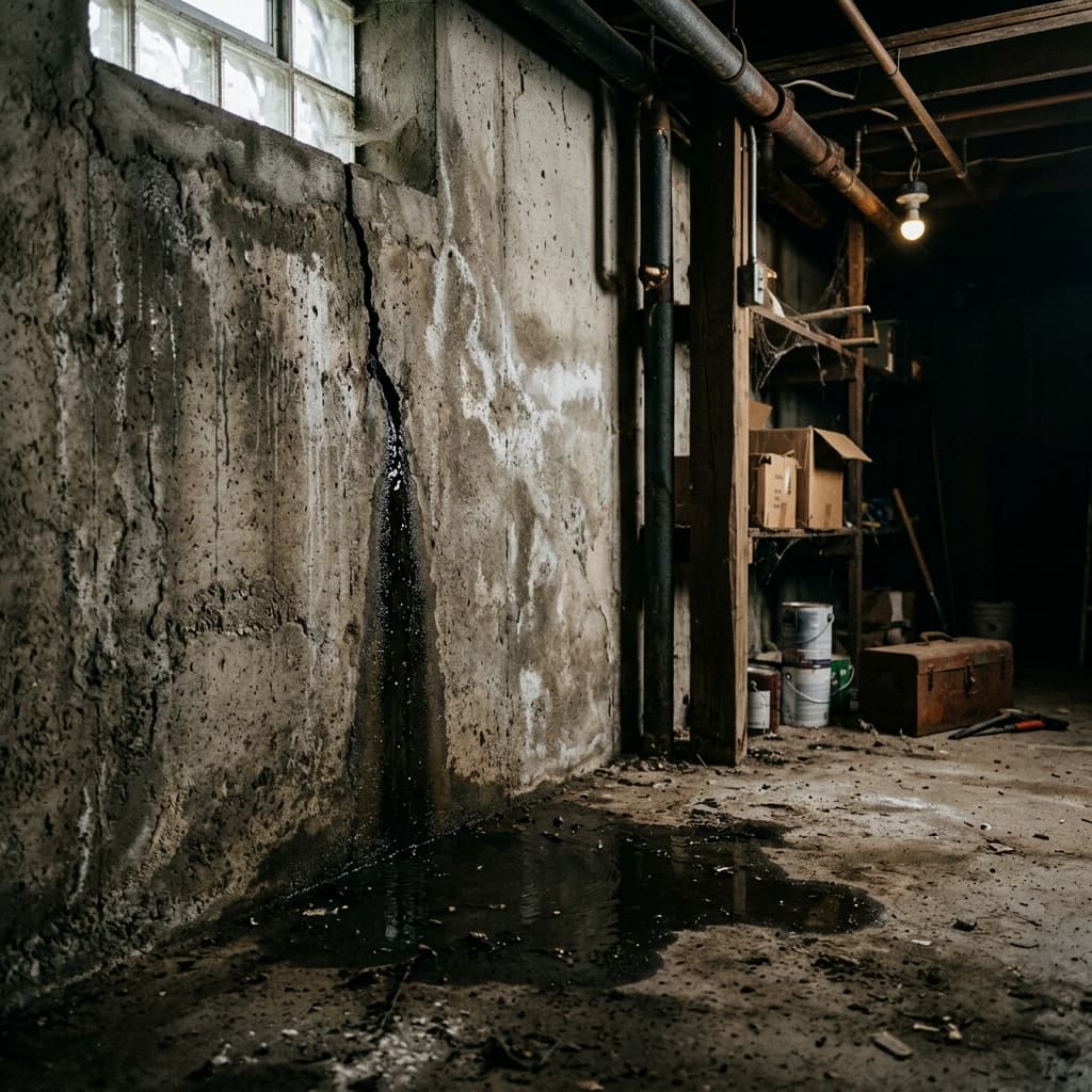 Active water leak through a cracked concrete foundation wall pooling on a basement floor Active water leak through a cracked concrete foundation wall pooling on a basement floor
