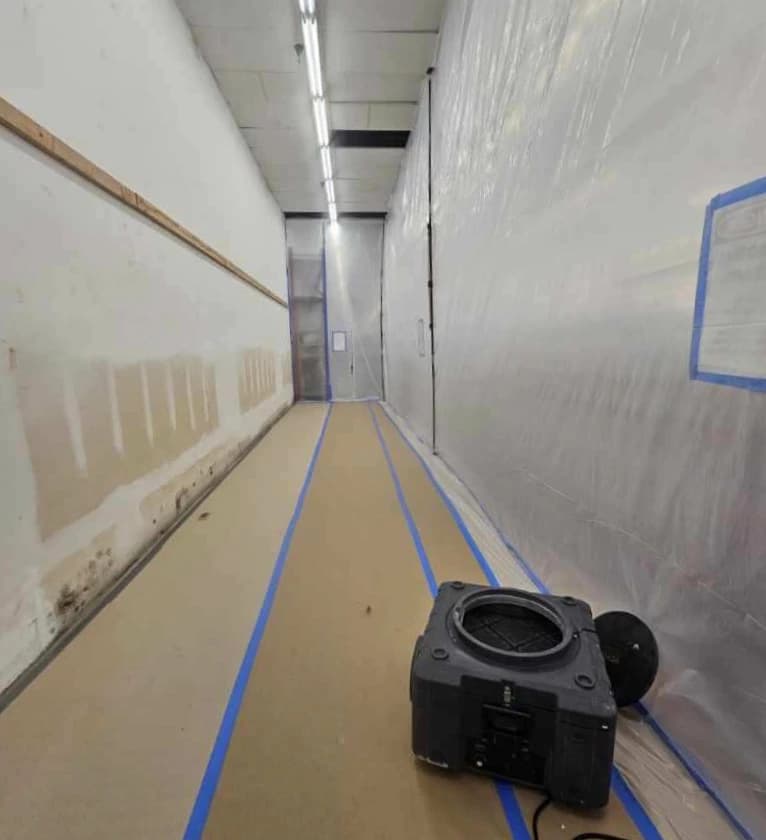 Hallway sealed off with plastic sheeting and taped floor paper, with an air scrubber running and mold along the base of the wall Hallway sealed off with plastic sheeting and taped floor paper, with an air scrubber running and mold along the base of the wall