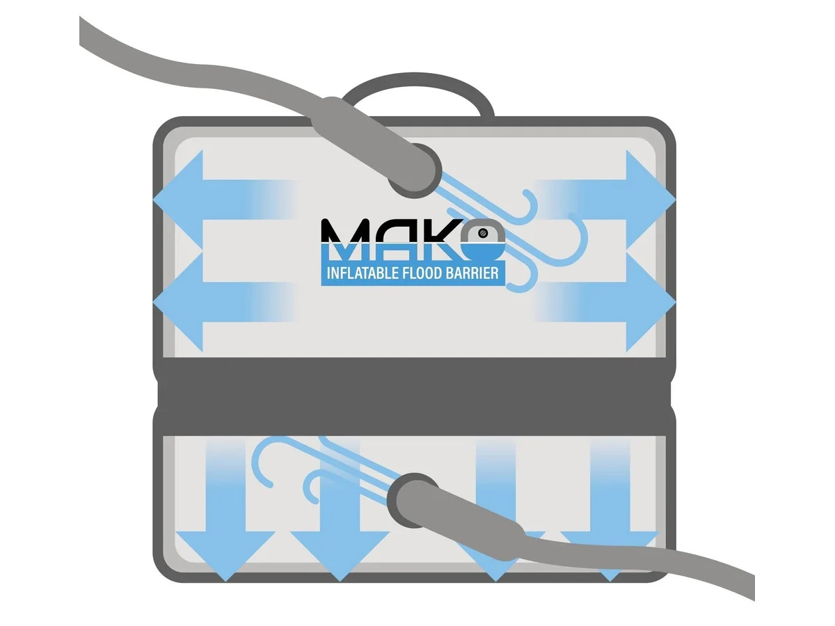 Technical product illustration of the Garrison MAKO inflatable flood barrier