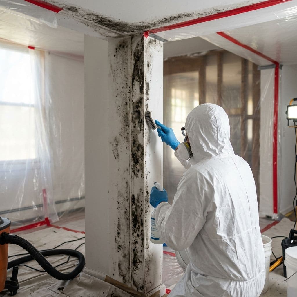 Remediation worker scrubbing black mold from drywall corner Remediation worker scrubbing black mold from drywall corner