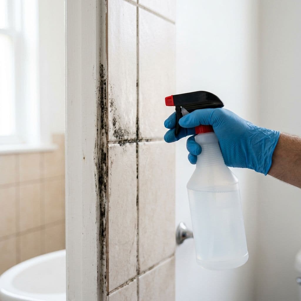 Gloved hand holding a spray bottle next to mold on bathroom tile Gloved hand holding a spray bottle next to mold on bathroom tile