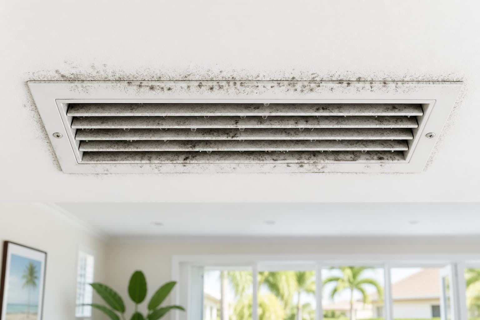 Black mold around a ceiling air conditioning vent in a Florida home Black mold around a ceiling air conditioning vent in a Florida home