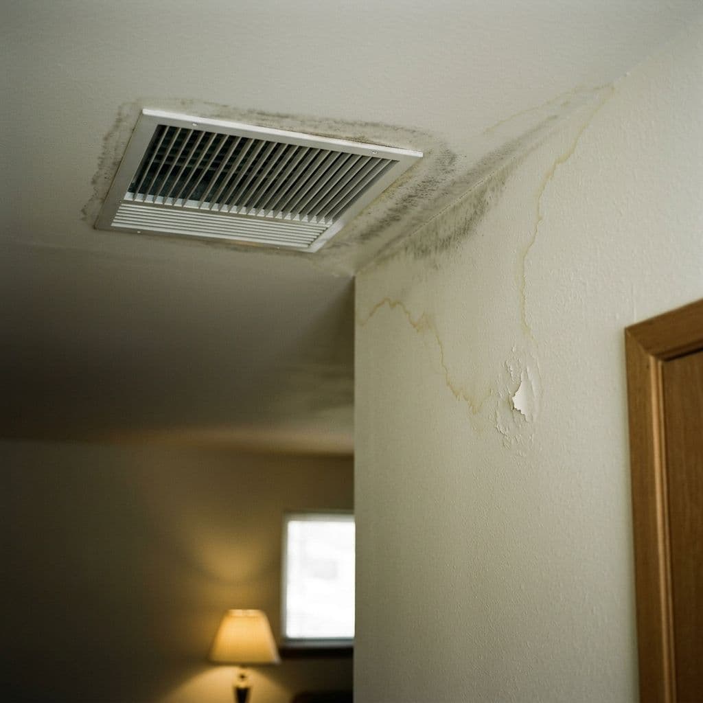Ceiling AC vent showing faint mildew staining Ceiling AC vent showing faint mildew staining