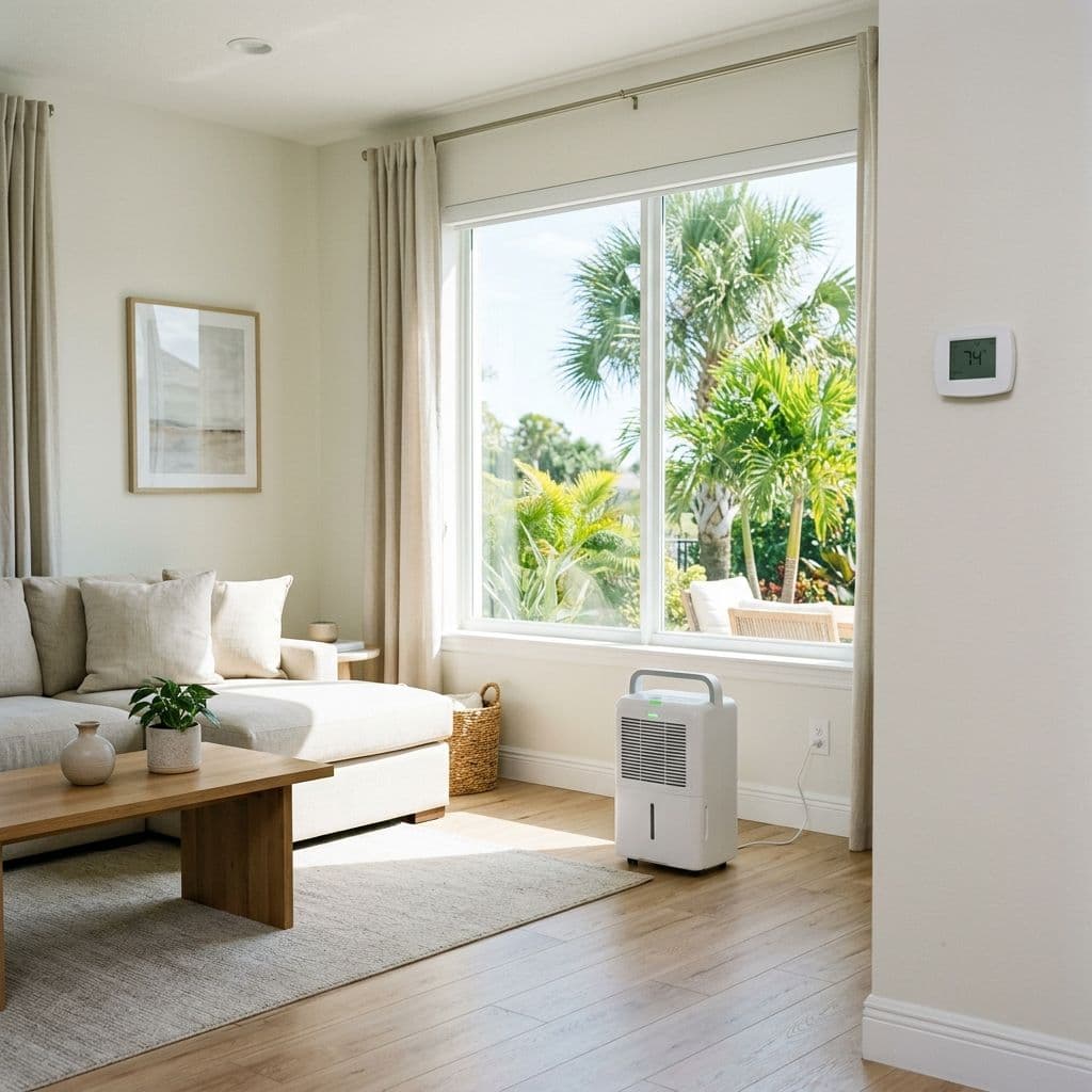 Bright clean Florida home interior with a portable dehumidifier running Bright clean Florida home interior with a portable dehumidifier running