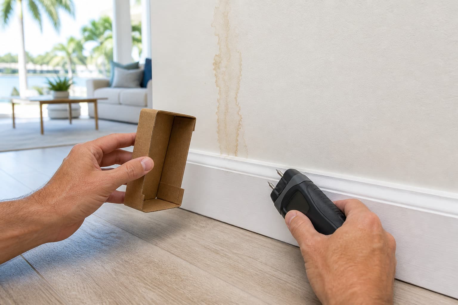 Signs of hidden mold on an interior wall being checked with a moisture meter Signs of hidden mold on an interior wall being checked with a moisture meter