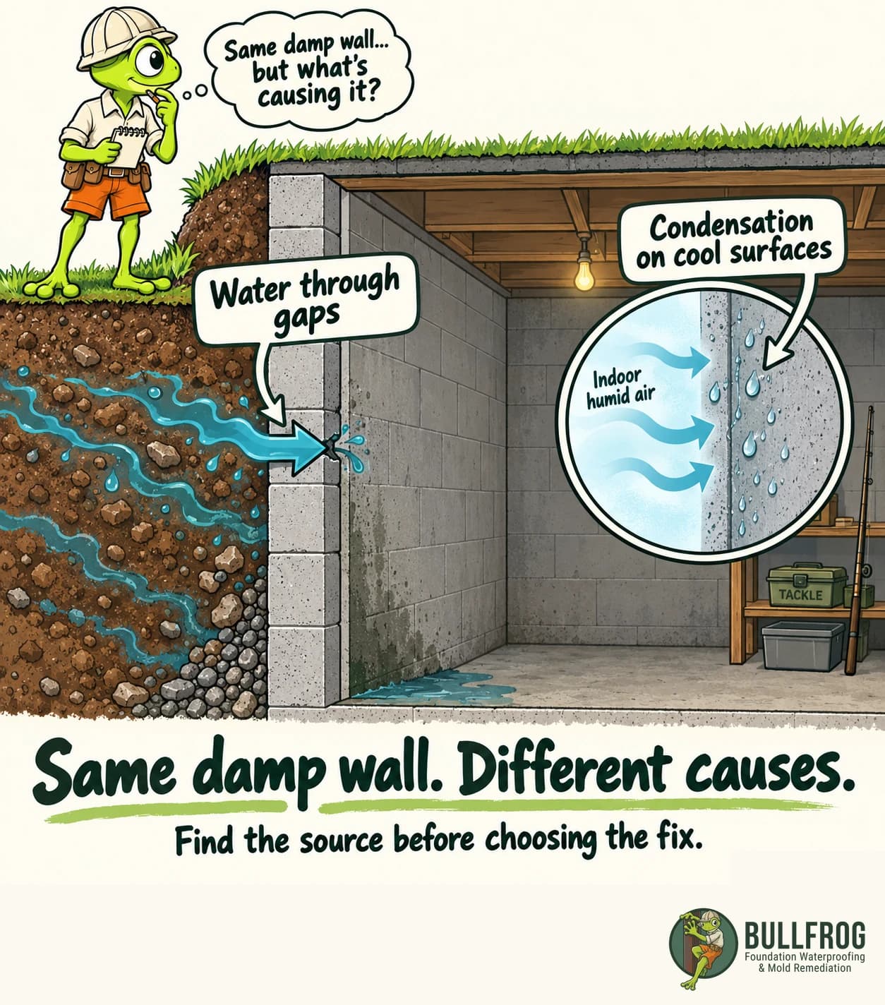A basement cross-section shows water entering a wall gap from damp soil. A separate magnified inset shows indoor humid air condensing on a cool surface. The same damp wall can have different causes; find the source before choosing the fix.