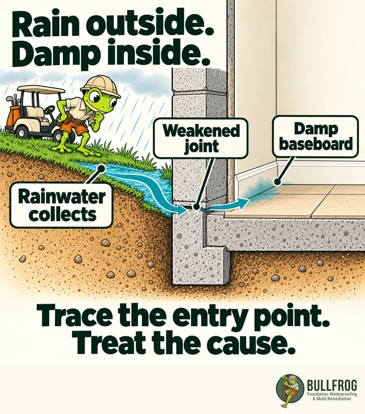 Rain outside. Damp inside. Beside his golf cart, the frog follows three labeled clues: rainwater collects, a weakened joint provides a path, and a damp baseboard appears indoors. Trace the entry point and treat the cause.