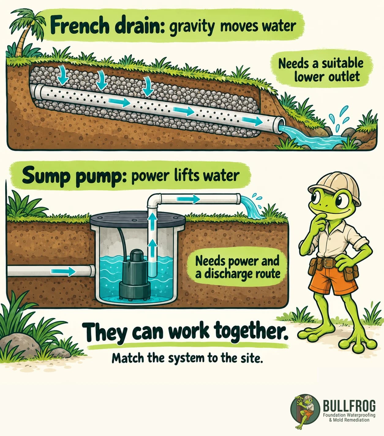 Two cutaway strips compare a French drain carrying water downhill to a lower outlet and a powered sump pump lifting collected water through a discharge pipe. They can work together; match the system to the site.
