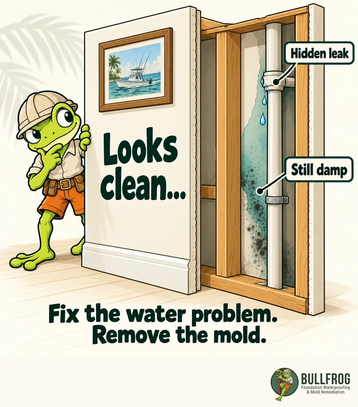 Looks clean: the frog peers around a wall with a fishing-boat picture. Behind it, labels identify a hidden leak and a still-damp area. Takeaway: fix the water problem and remove the mold.