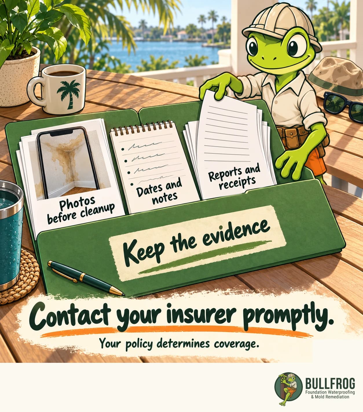 On a Florida porch, the frog sorts a claim folder containing photos before cleanup, dates and notes, and reports and receipts. Contact your insurer promptly; your policy determines coverage.