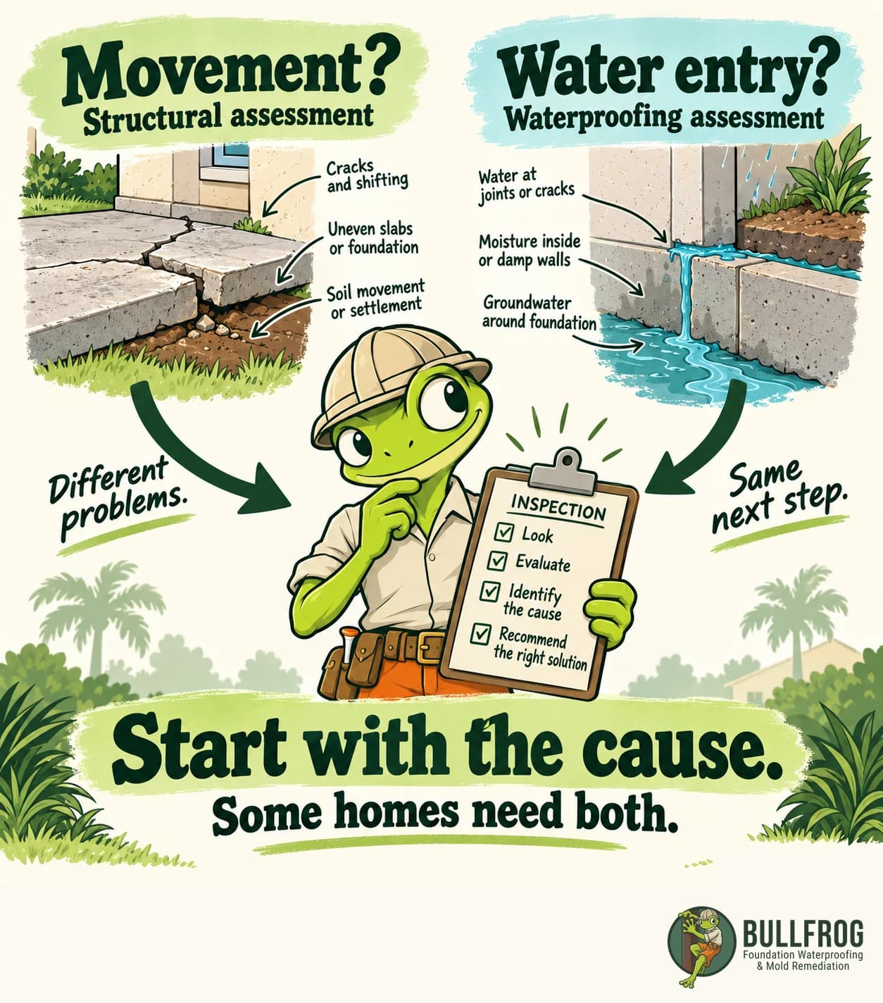 Two paths lead to an inspection: movement calls for structural assessment, while water entry calls for waterproofing assessment. The frog holds a clipboard. Start with the cause; some homes need both.