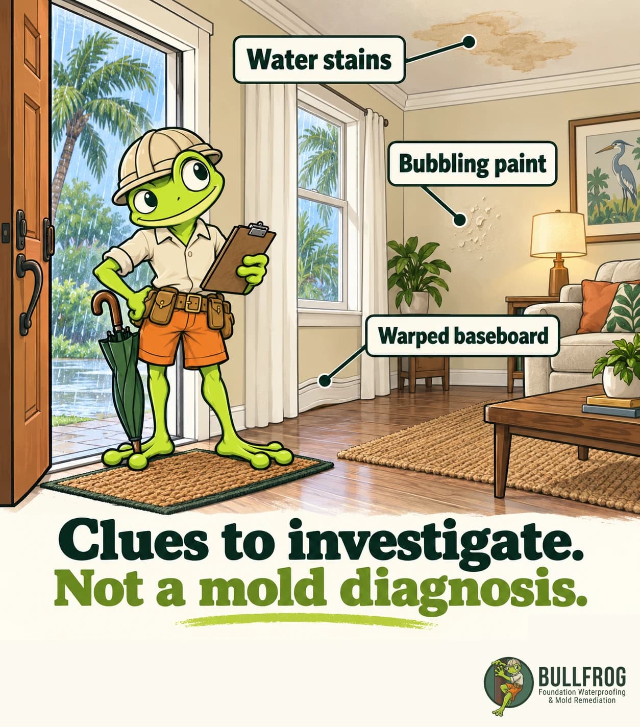 From a dry doorway, the frog notes three labeled clues in a room: water stains on the ceiling, bubbling paint and a warped baseboard. Clues to investigate, not a mold diagnosis.