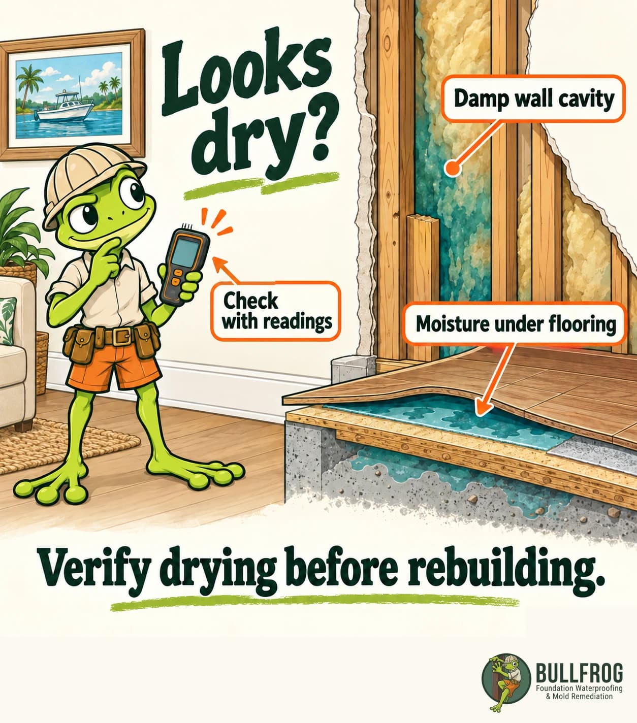 Looks dry? A wall and floor cutaway reveals a damp wall cavity and moisture beneath flooring. The frog holds an idle moisture meter beside the instruction to check with readings and verify drying before rebuilding.