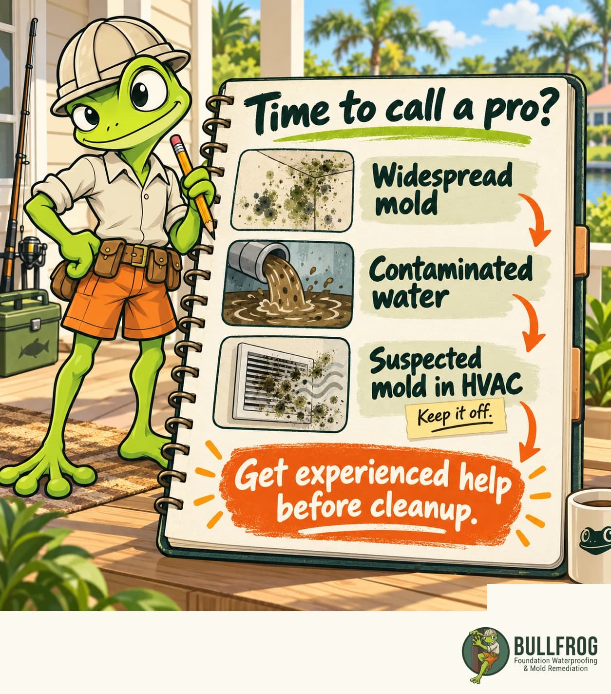 The Bullfrog mascot presents a field notebook: widespread mold, contaminated water, and suspected mold in HVAC are reasons to get experienced help before cleanup. Keep suspected contaminated HVAC off.
