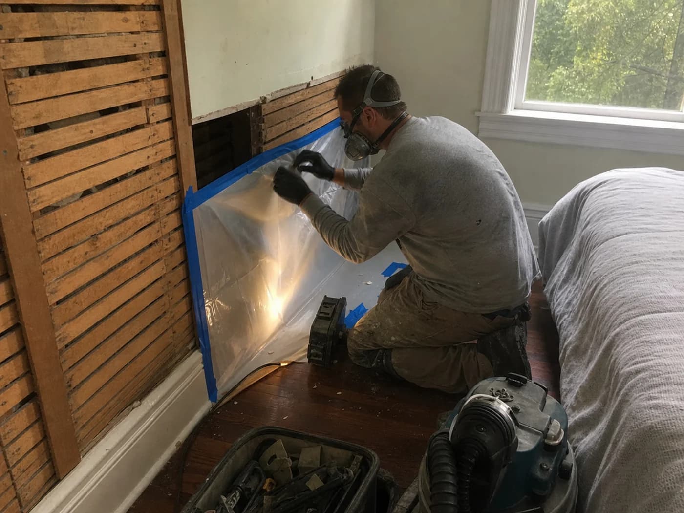 Tampa mold remediation technician sealing a contained wall opening after storm moisture damage Tampa mold remediation technician sealing a contained wall opening after storm moisture damage