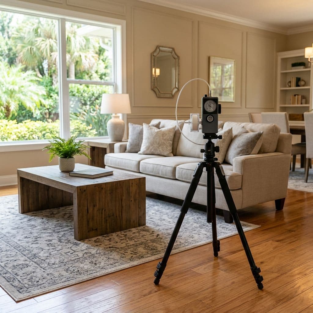 Professional indoor air quality testing machine mounted on a tripod in a modern living room Professional indoor air quality testing machine mounted on a tripod in a modern living room