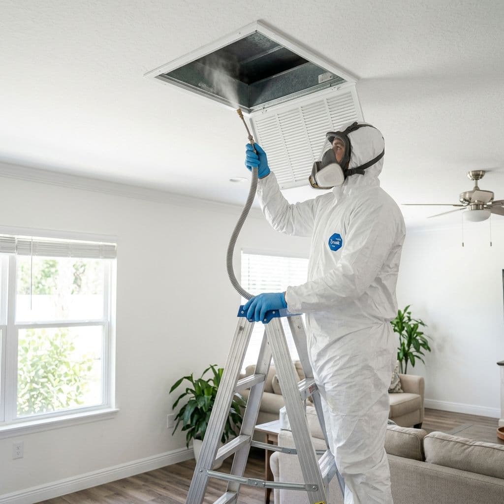 Technician in a full white hazmat suit and respirator mask standing on a stepladder to spray mold treatment into a ceiling HVAC vent Technician in a full white hazmat suit and respirator mask standing on a stepladder to spray mold treatment into a ceiling HVAC vent