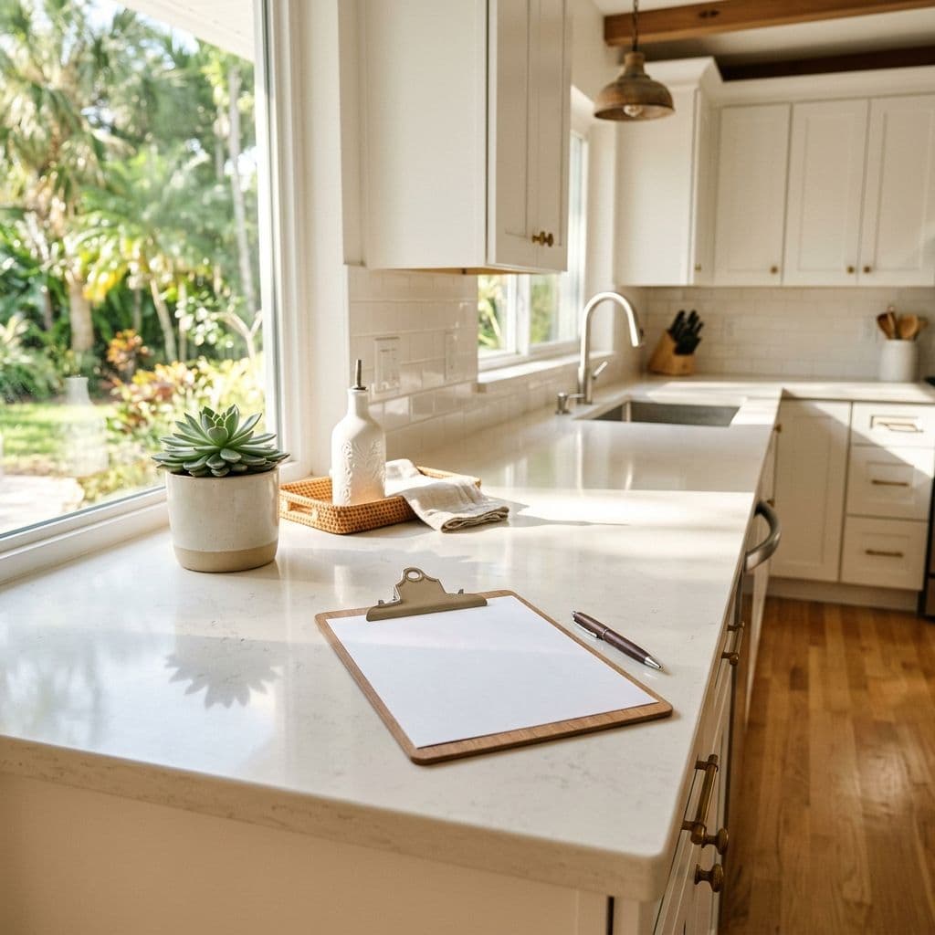 Blank clipboard and pen resting on a bright clean white kitchen countertop in a sunny home Blank clipboard and pen resting on a bright clean white kitchen countertop in a sunny home