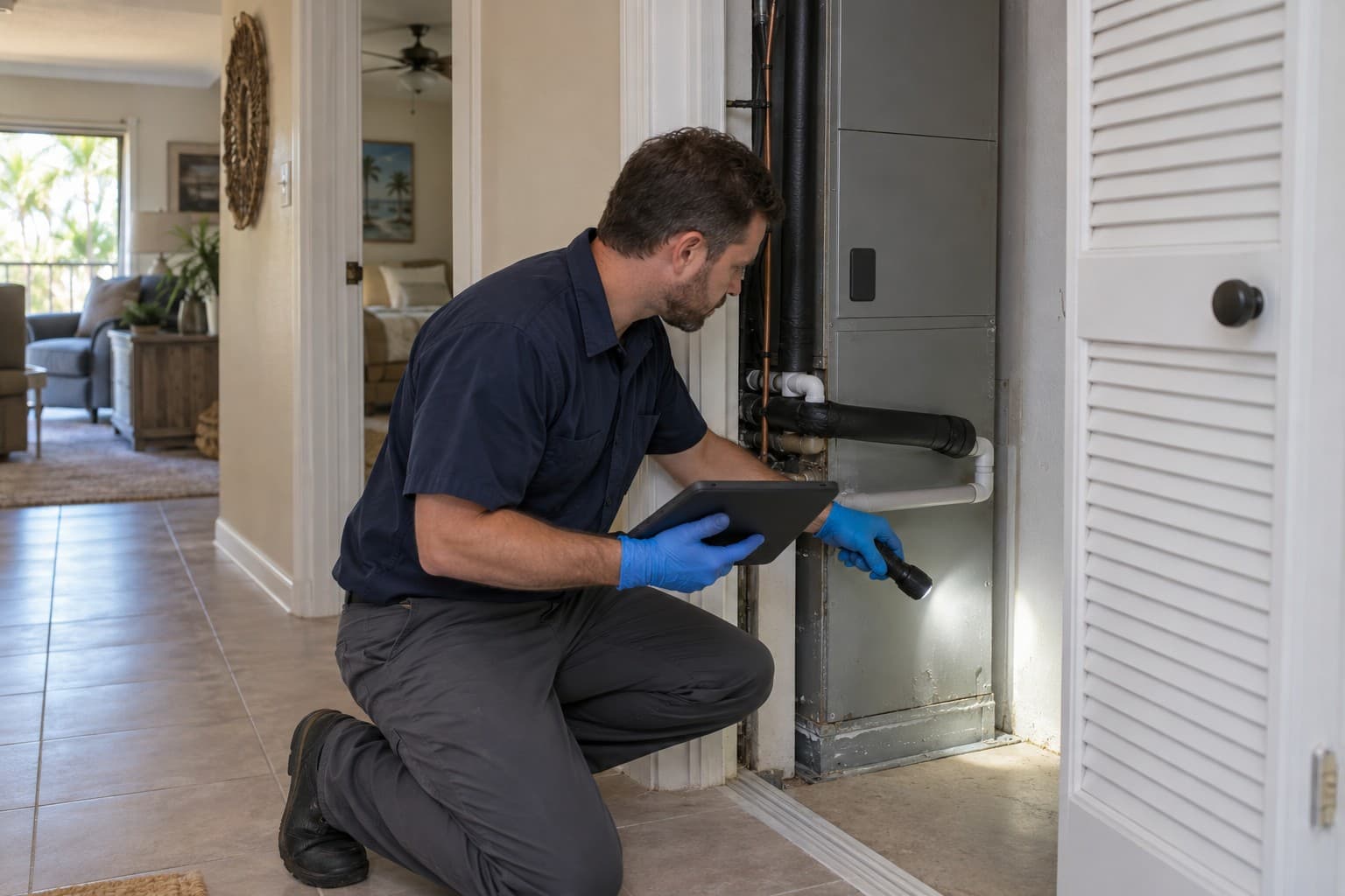Technician shining a flashlight at the base of an air handler closet during a free mold inspection in an Orlando home Technician shining a flashlight at the base of an air handler closet during a free mold inspection in an Orlando home