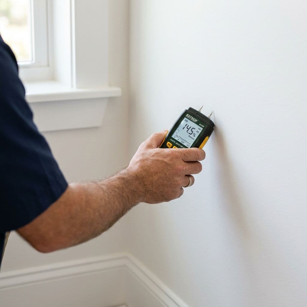 Close-up of a technicians hand using a digital moisture meter with metal prongs against a white interior wall corner Close-up of a technicians hand using a digital moisture meter with metal prongs against a white interior wall corner