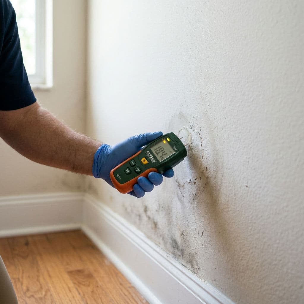 Close-up of a blue-gloved hand pressing a digital moisture meter into a wall showing visible black mold growth and bubbling paint Close-up of a blue-gloved hand pressing a digital moisture meter into a wall showing visible black mold growth and bubbling paint