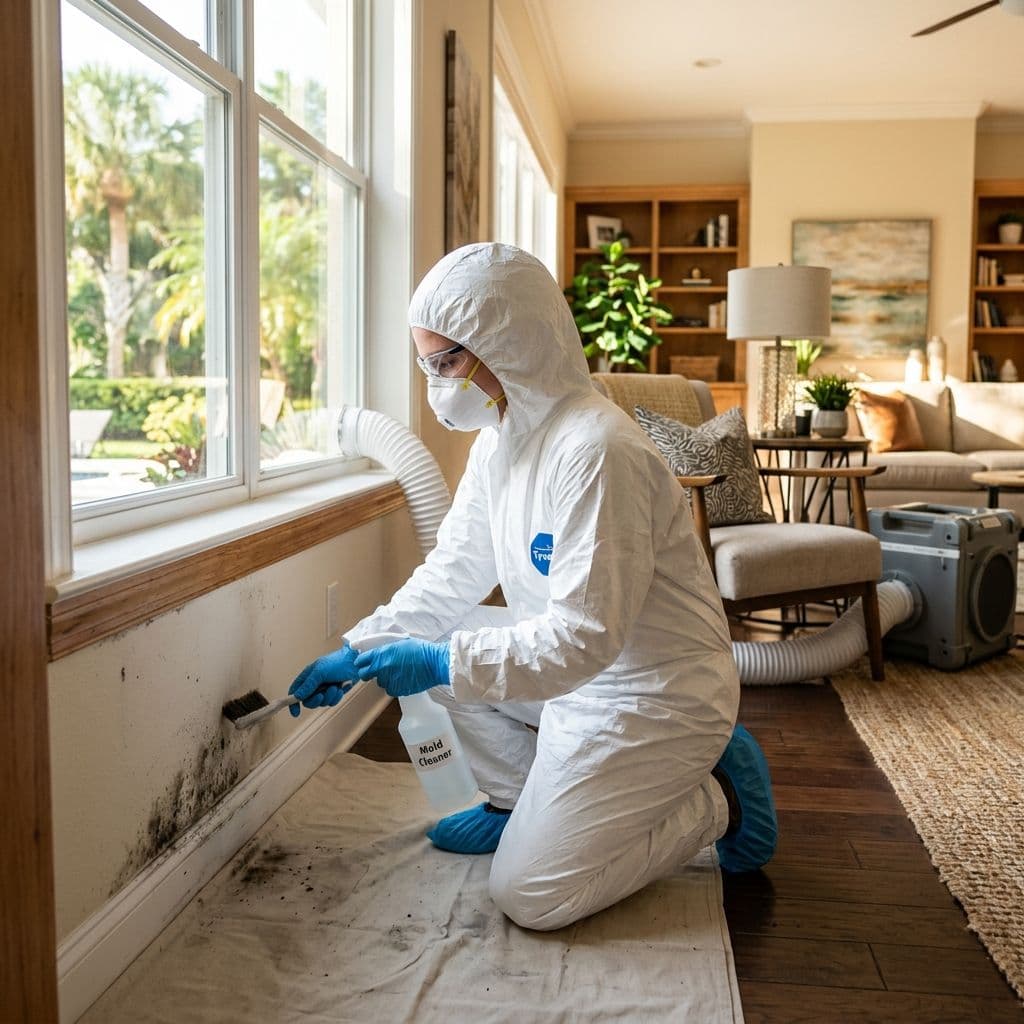 Bullfrog Waterproofing mold remediation technician working inside an Orlando home Bullfrog Waterproofing mold remediation technician working inside an Orlando home