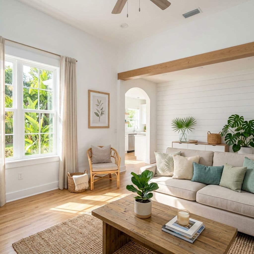 Bright and airy living room with a cream sofa, wooden coffee table, large windows with tropical views, and white shiplap walls Bright and airy living room with a cream sofa, wooden coffee table, large windows with tropical views, and white shiplap walls