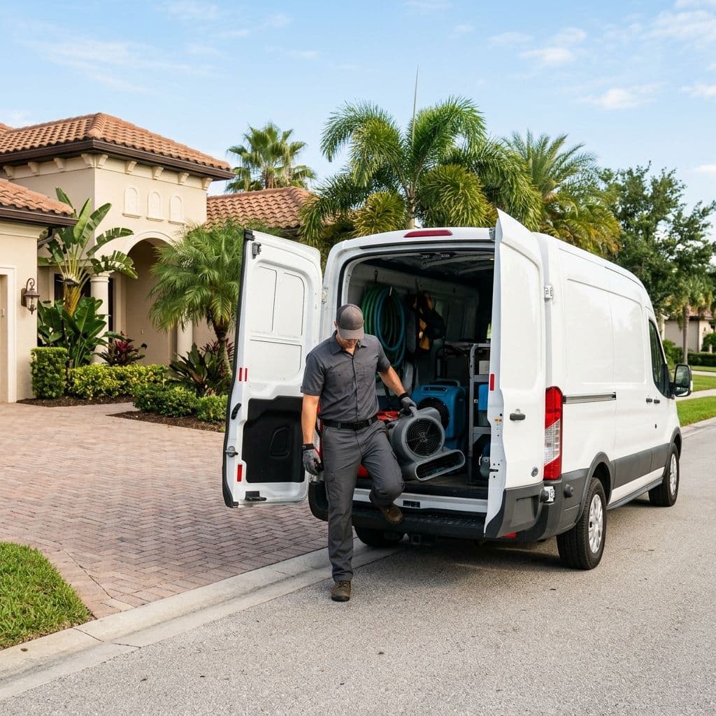 Technician in a grey uniform stepping out of a white cargo van carrying a large blue industrial air mover in a residential neighborhood Technician in a grey uniform stepping out of a white cargo van carrying a large blue industrial air mover in a residential neighborhood