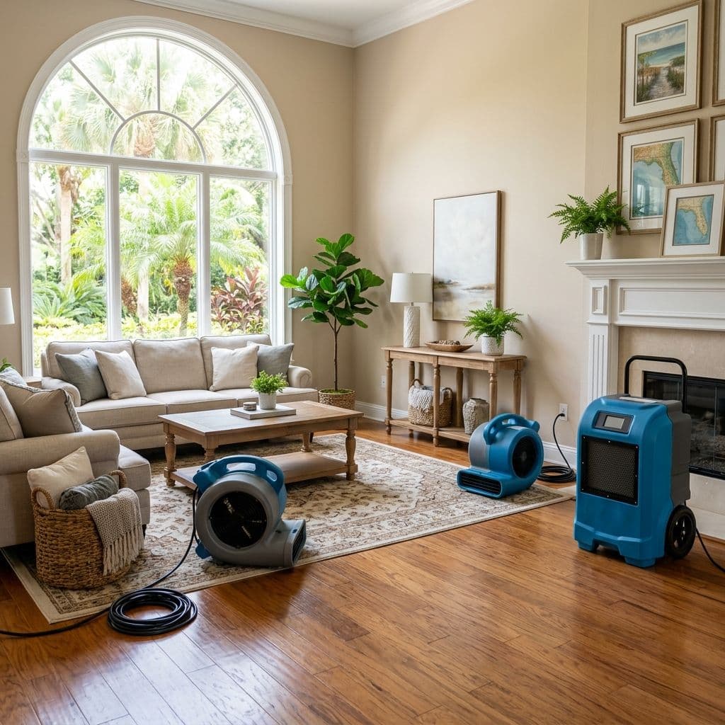 Two blue industrial air movers and a dehumidifier actively drying a living room floor next to a fireplace and cream sofa Two blue industrial air movers and a dehumidifier actively drying a living room floor next to a fireplace and cream sofa